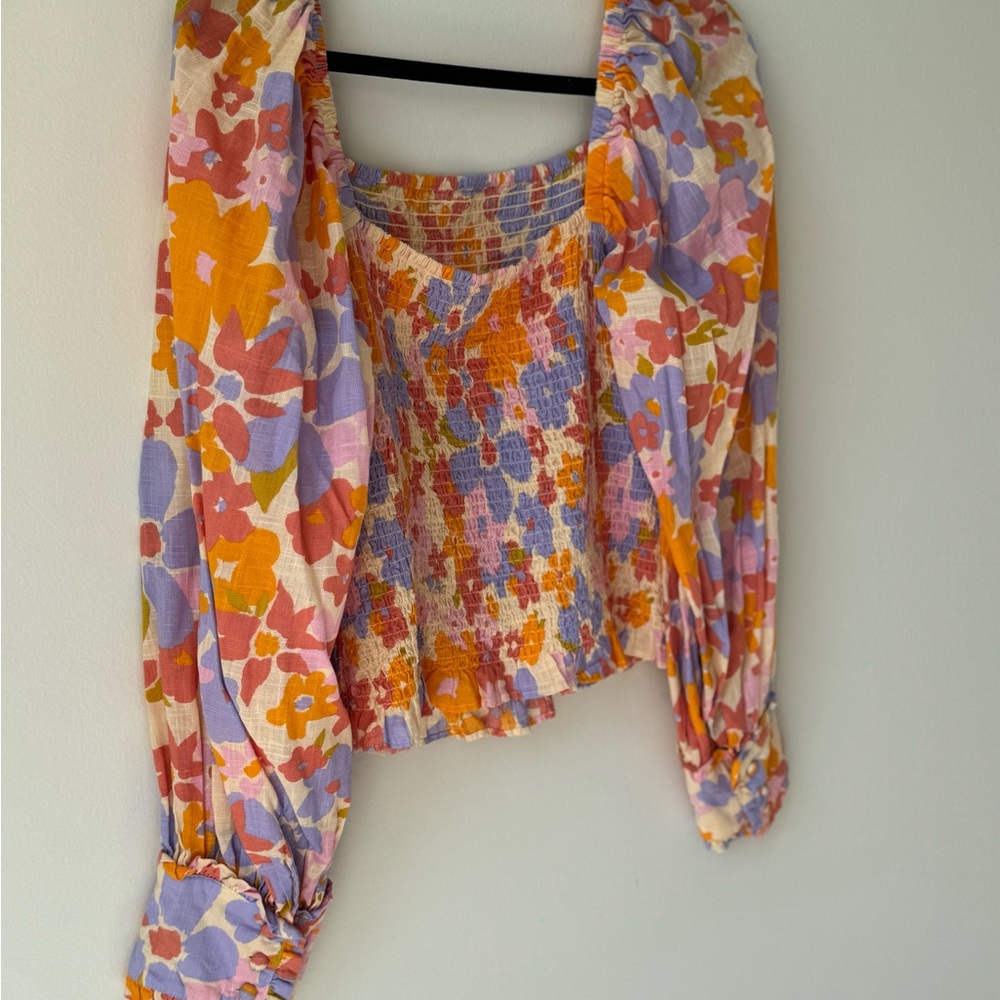 Free People Size Large Floral Smocked Top Cotton Balloon Sleeve Orange Blue Pink - Picture 13 of 16
